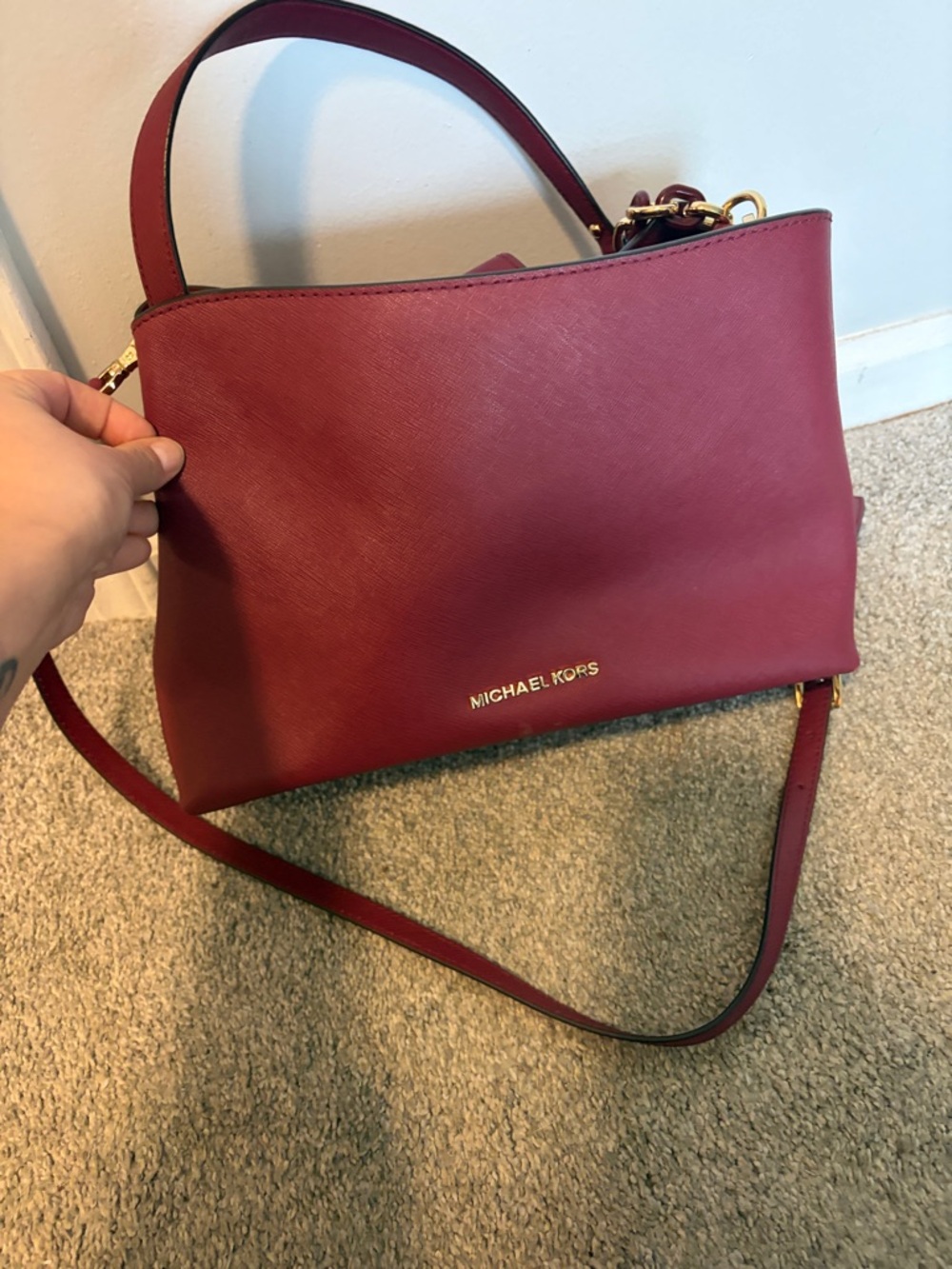 Michael Kors Wine Red Leather Shoulder Bag with Gold Hardware